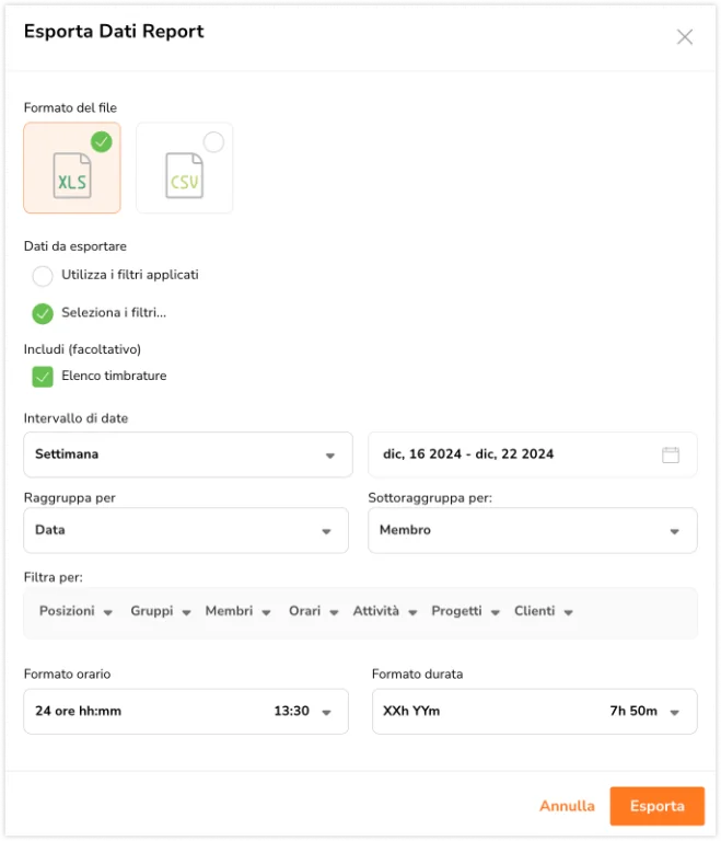 Tracked time report export settings